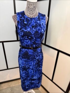Michael Kors Blue & Black Marble-Print Sheath Midi Dress with Slim Belt